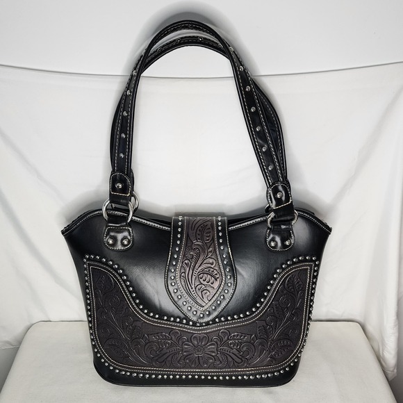 Montana West Concealed Carry Studded Tooled Western Purse Shoulder Bag Large - Picture 1 of 8